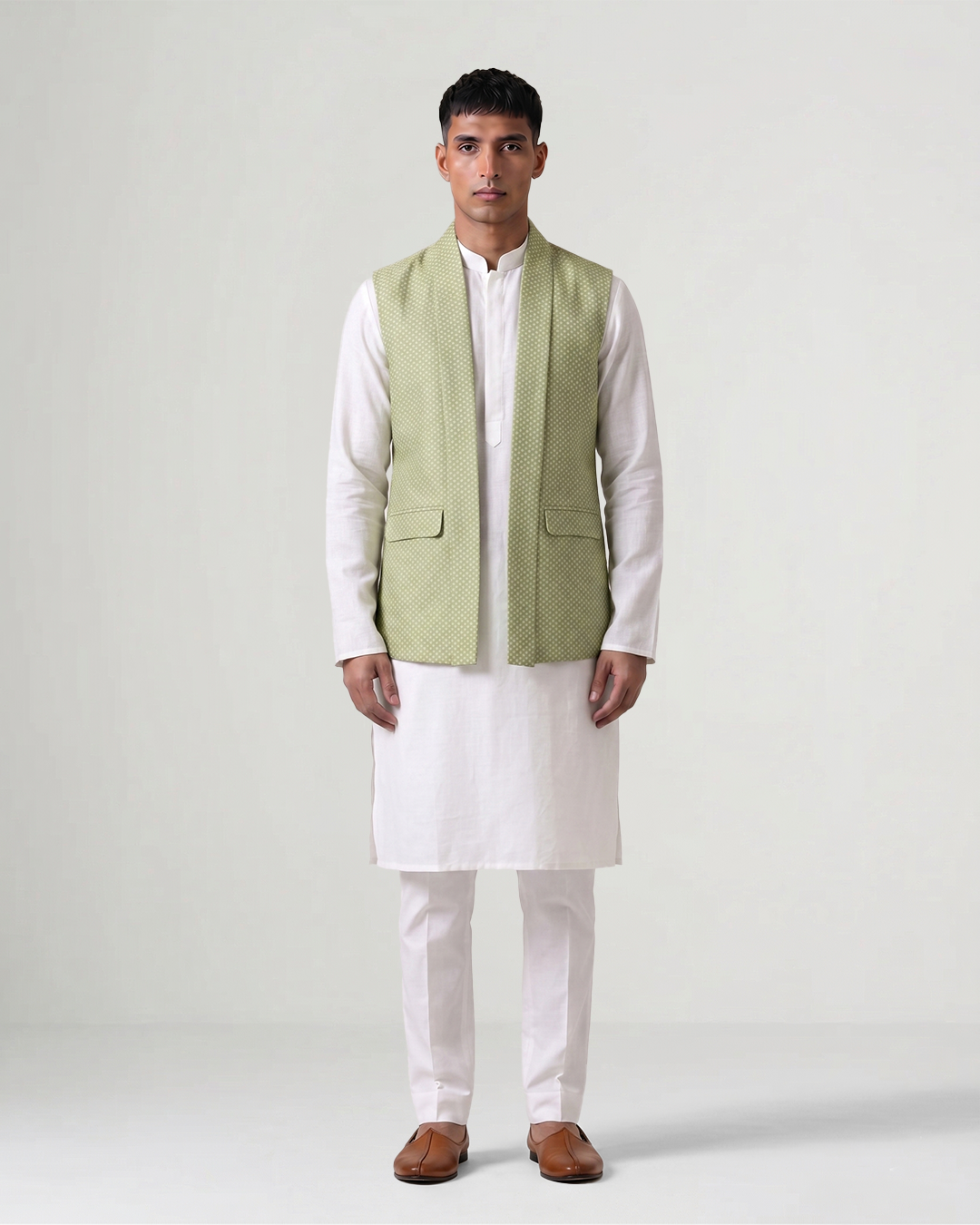 Green Handwoven Silk Self Weave Bandi