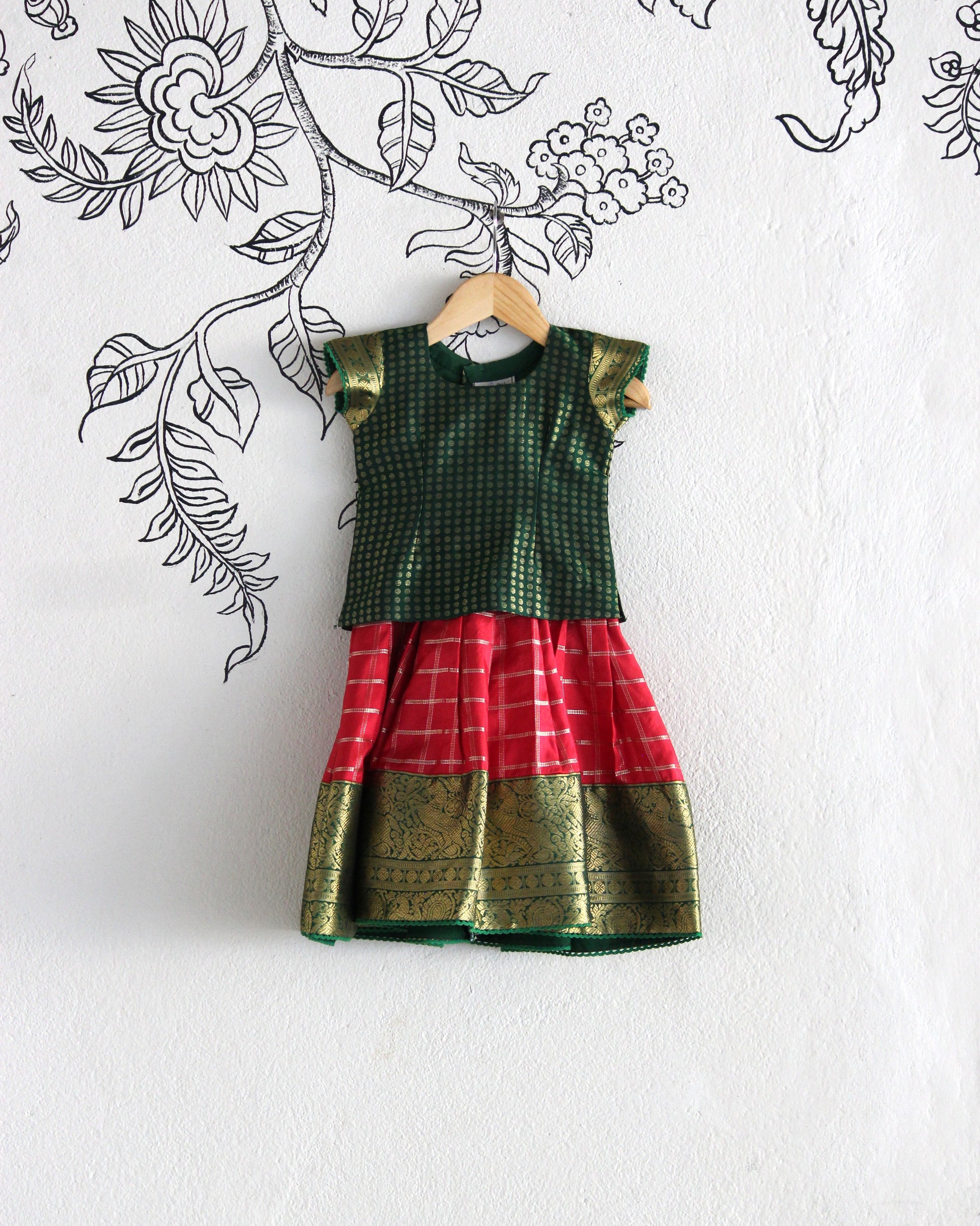 Green & Red Kanjeevaram Silk Lehenga