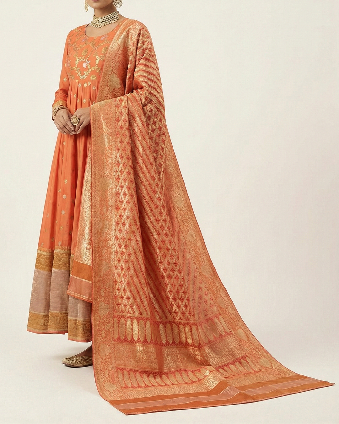 Peach Handwoven Chiffon Kanjeevaram Anarkali