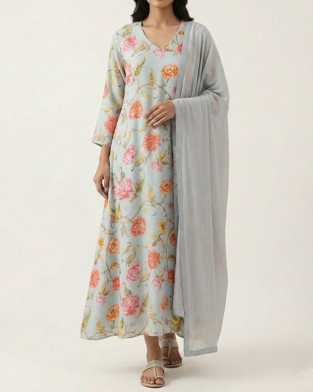 Blue Handwoven Chiffon Printed Sufi-Cut Kurta Set