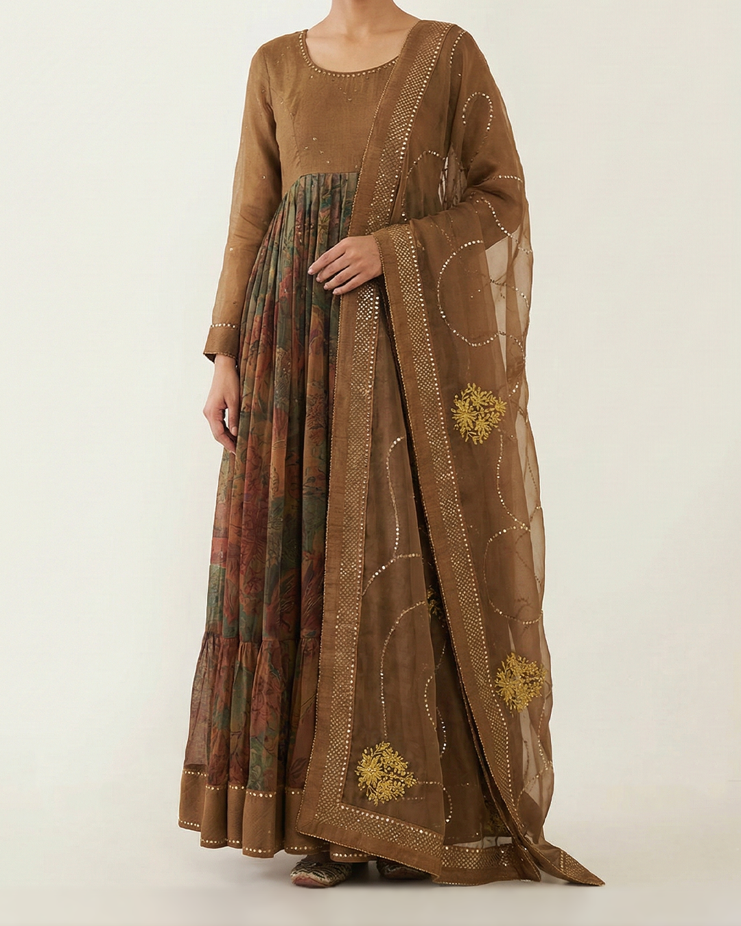 Mustard Handwoven Chiffon Handpainted Kalamkari Anarkali