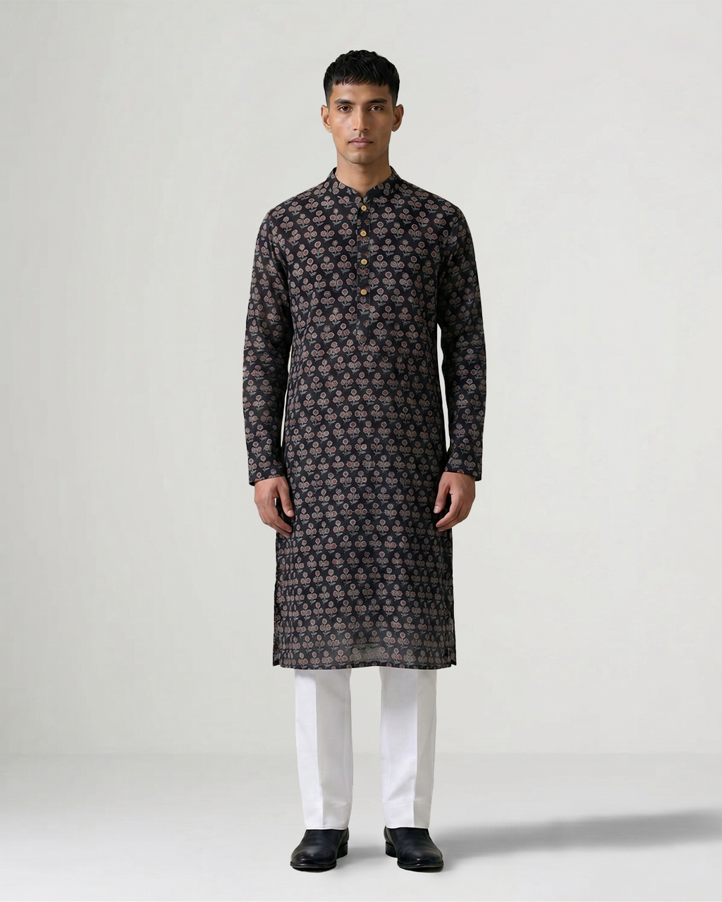 Black Silk Hand Block Printed Kurta