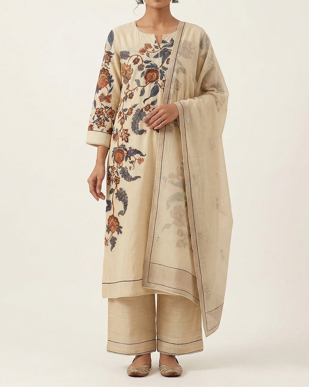Beige Handpainted Nayaka Kalamkari Mul Cotton Kurta Set
