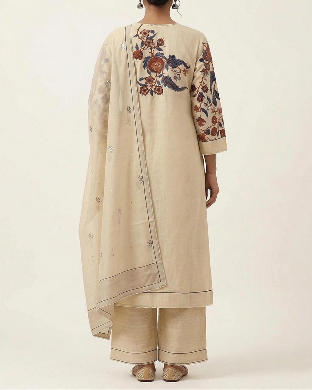 Beige Handpainted Nayaka Kalamkari Mul Cotton Kurta Set
