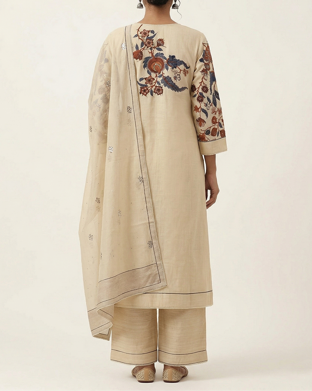 Beige Handpainted Nayaka Kalamkari Mul Cotton Kurta Set