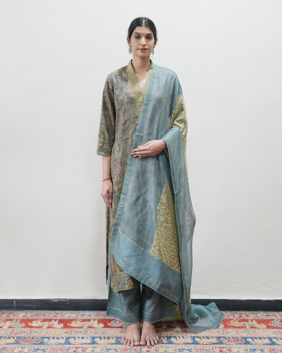 Beige Handwoven Kalamkari Kurta Set
