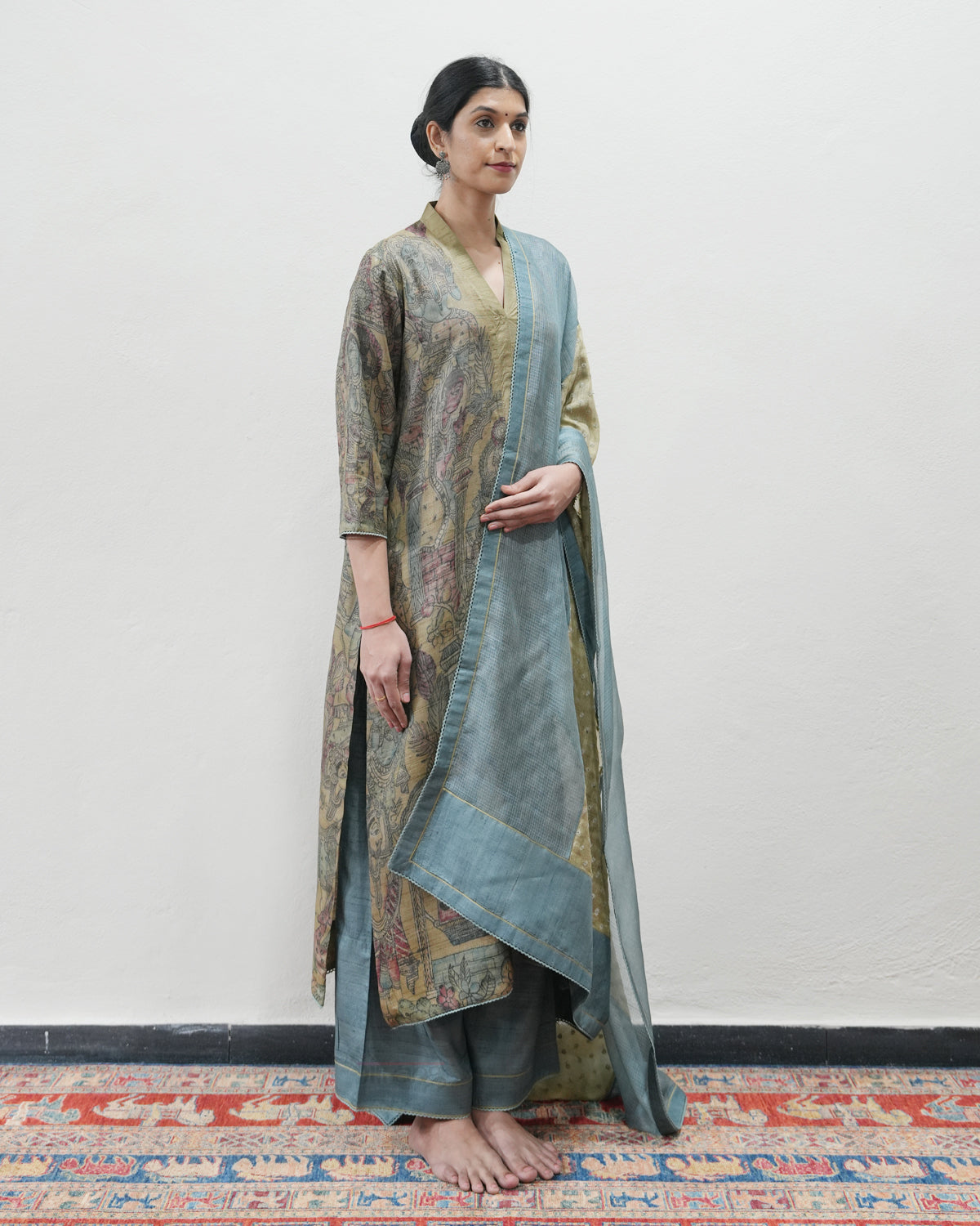 Beige Handwoven Kalamkari Kurta Set