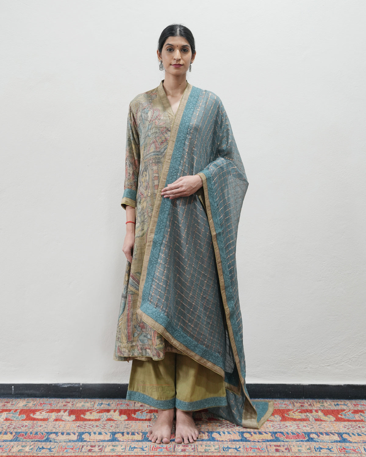 Beige Handwoven Kalamkari Kurta Set