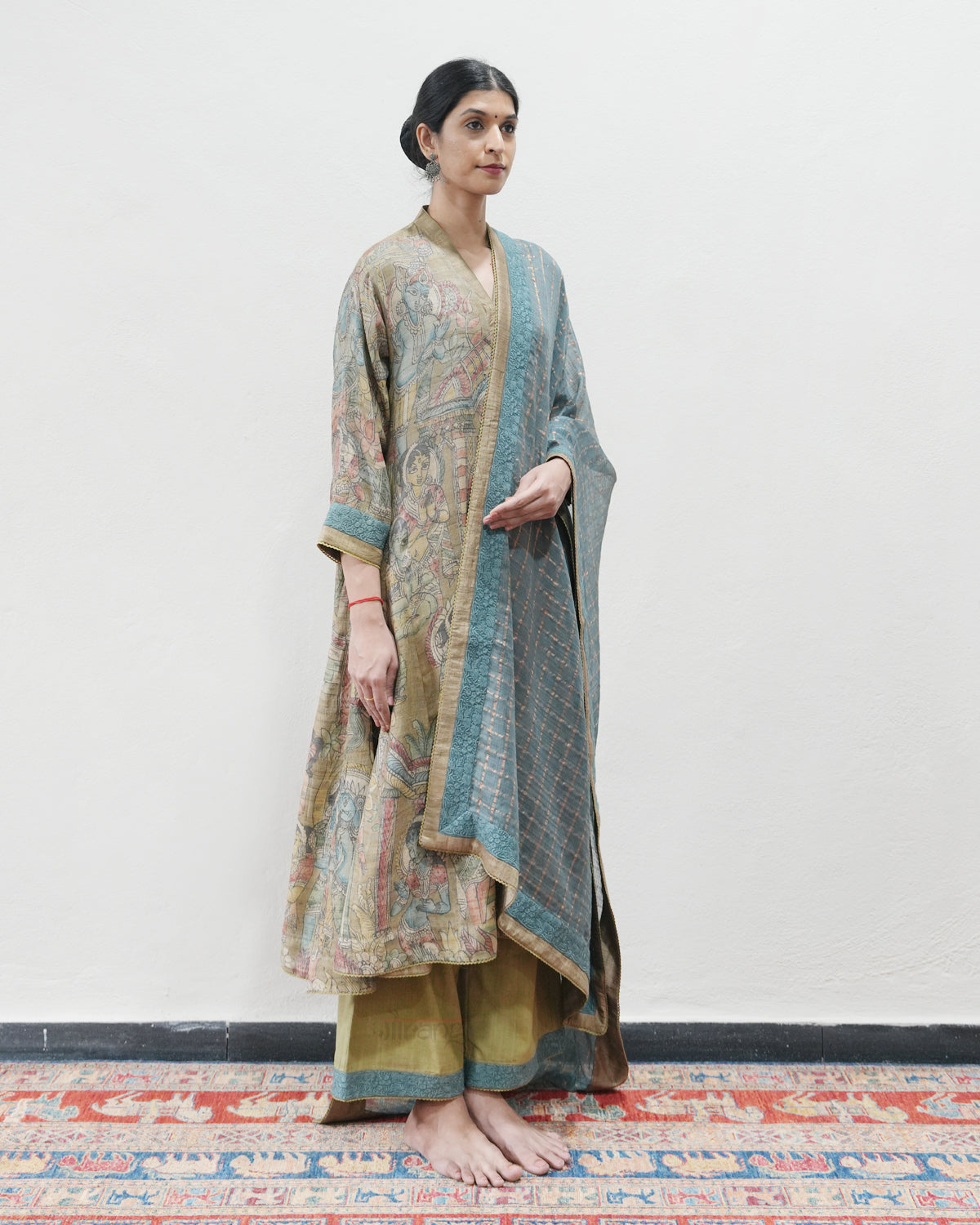 Beige Handwoven Kalamkari Kurta Set