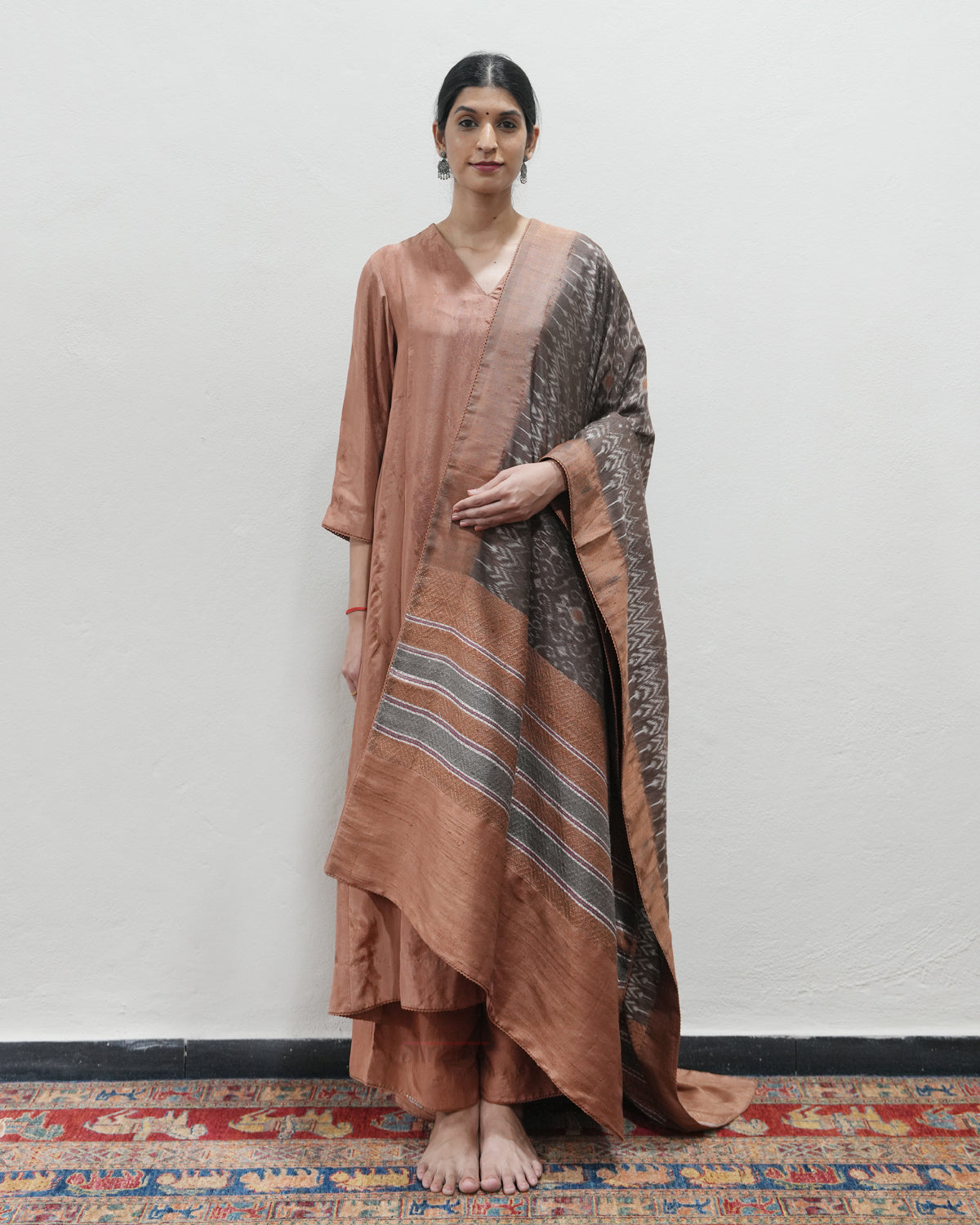 Brown Handwoven Self Weave Silk Kurta Set