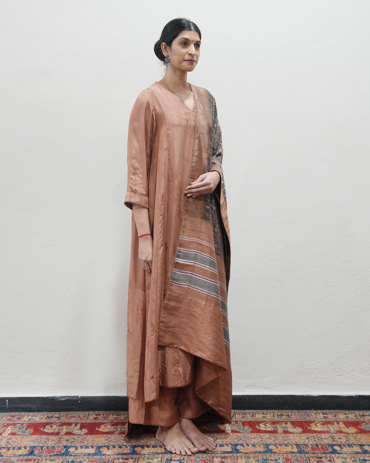 Brown Handwoven Self Weave Silk Kurta Set