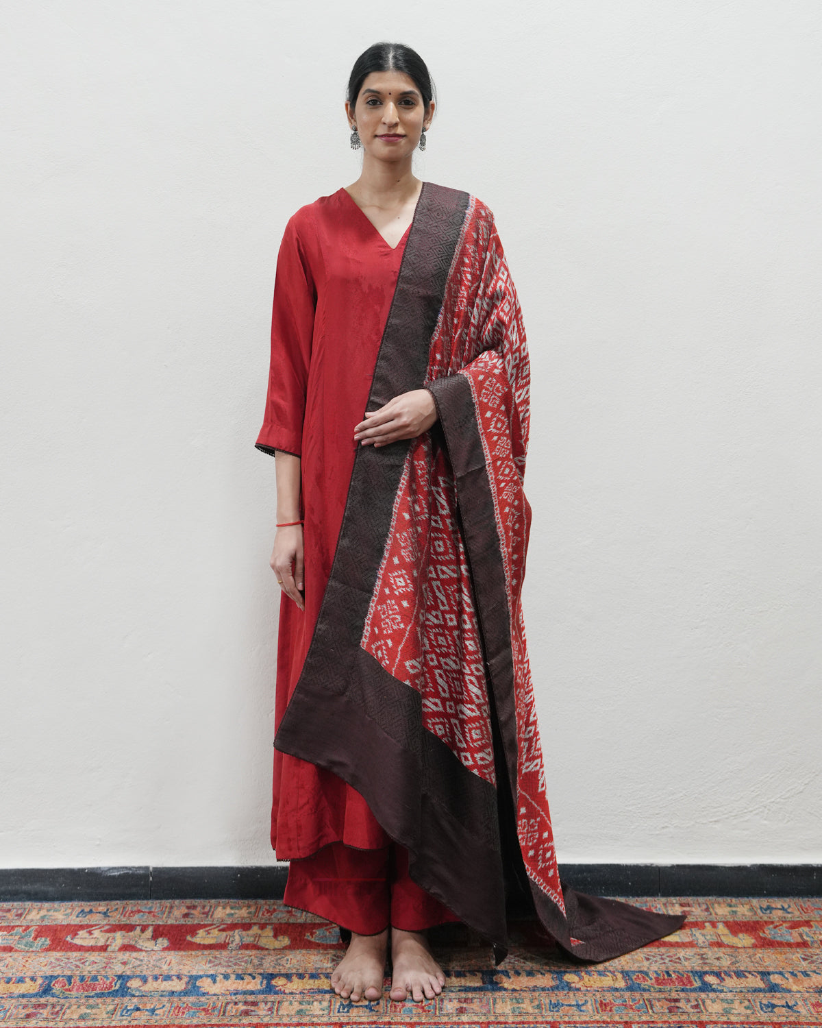 Red Handwoven Self Weave Silk Kurta Set