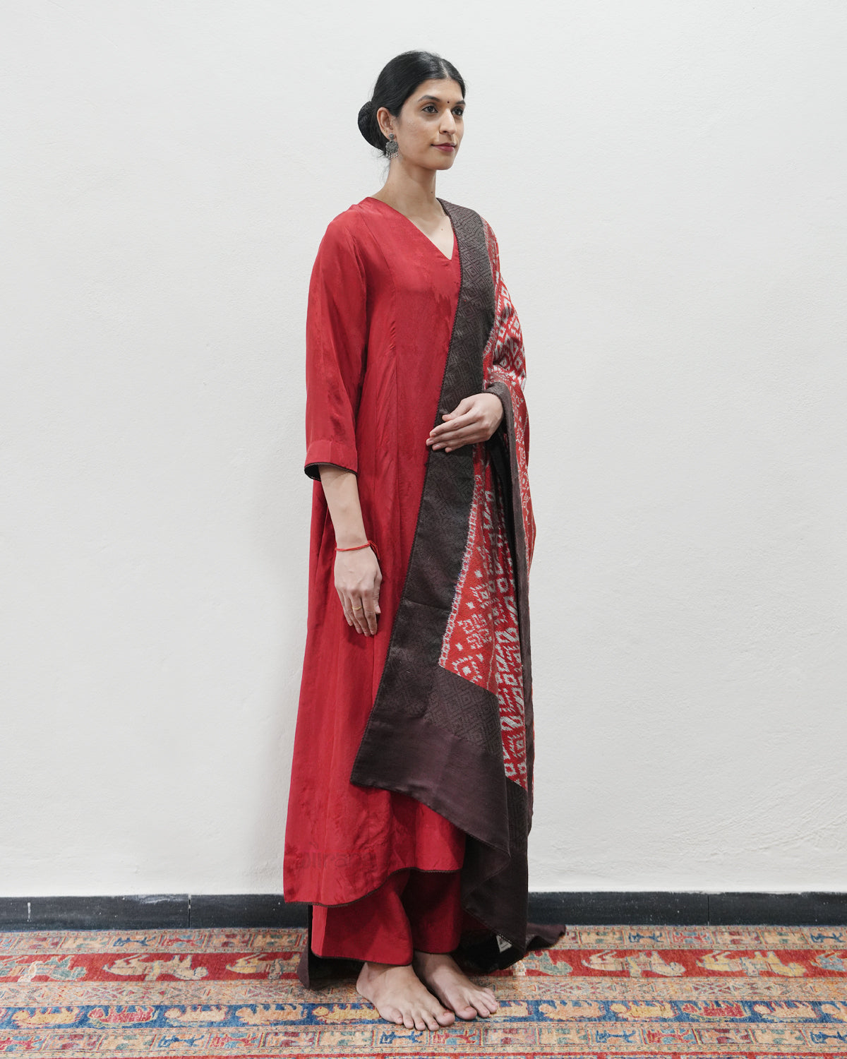 Red Handwoven Self Weave Silk Kurta Set