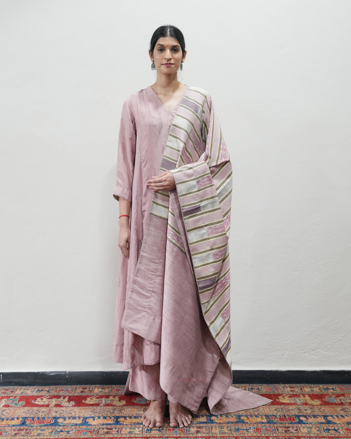 Pink Handwoven Self Weave Silk Kurta Set