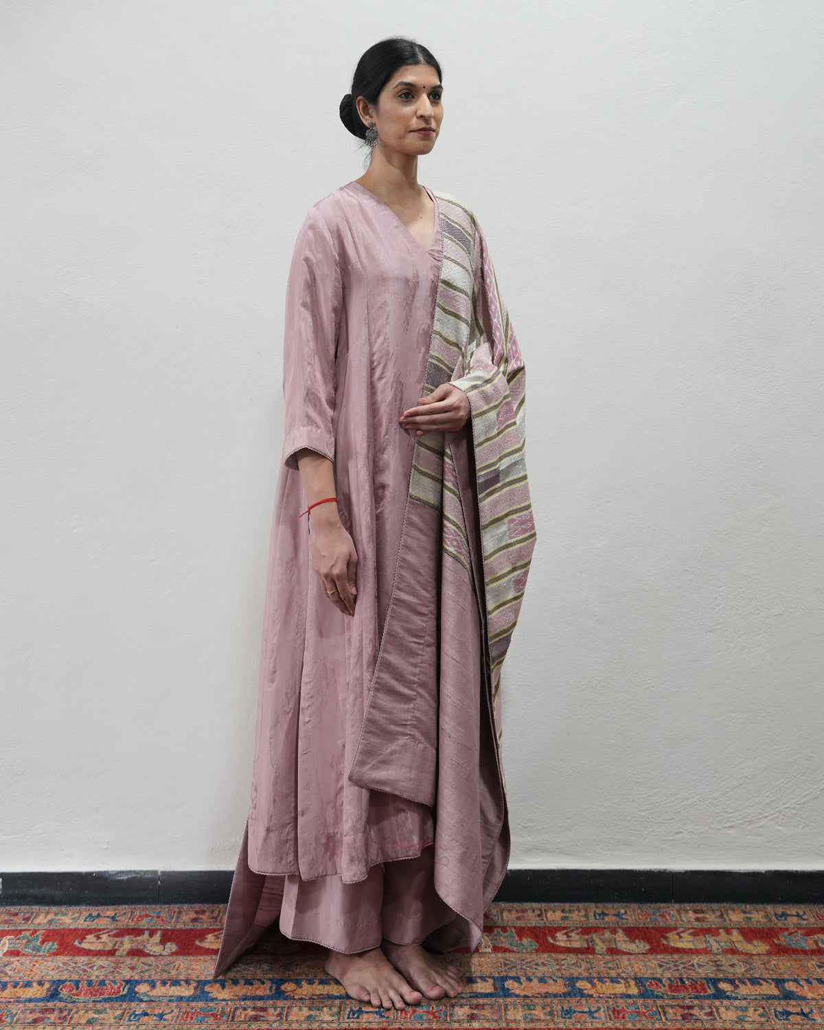 Pink Handwoven Self Weave Silk Kurta Set