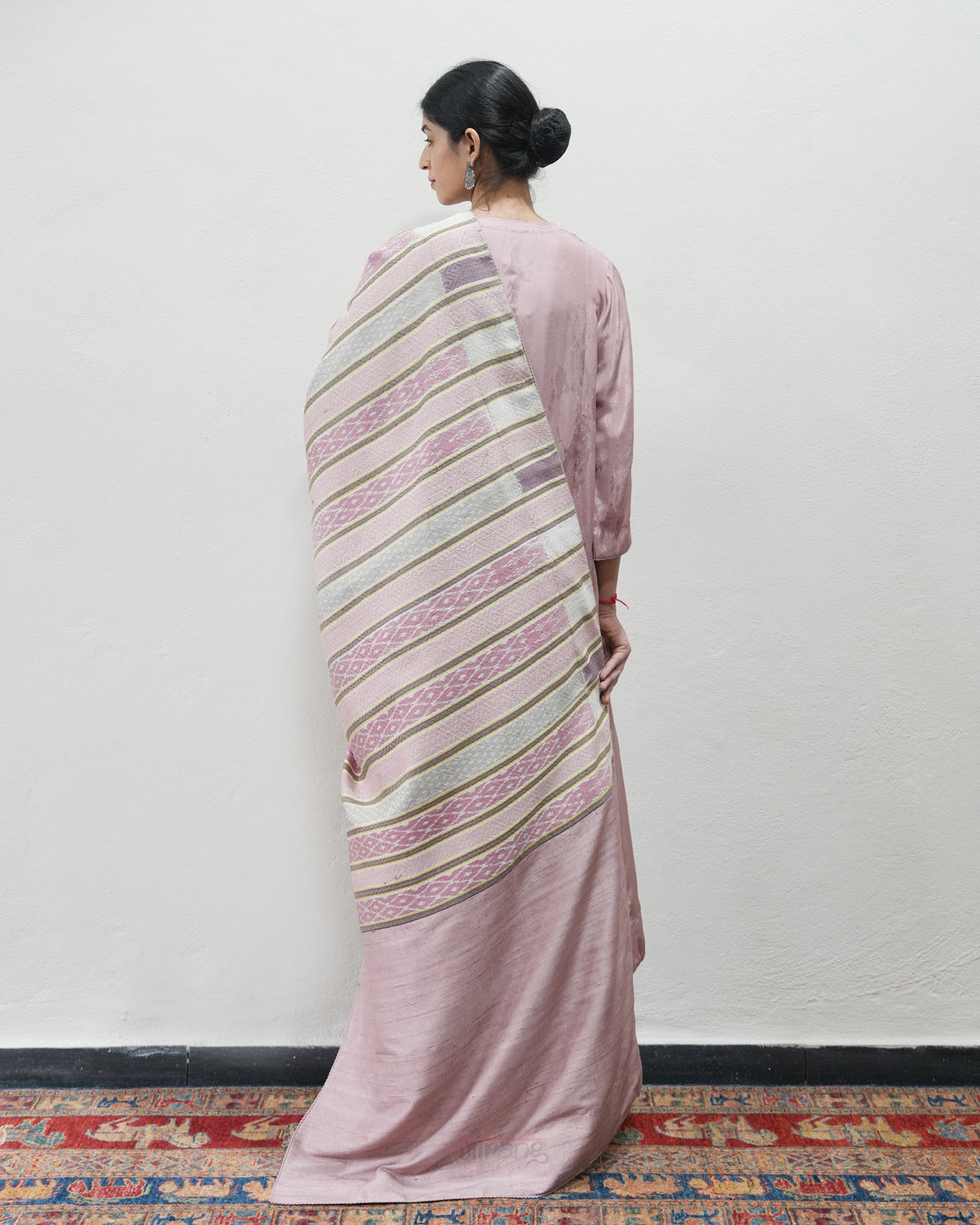 Pink Handwoven Self Weave Silk Kurta Set