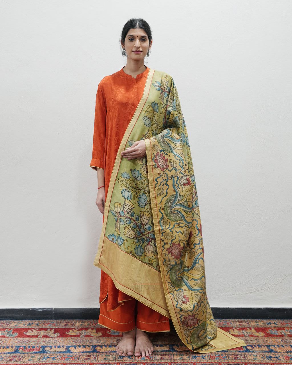 Orange Handwoven Self Weave Silk Kurta Set