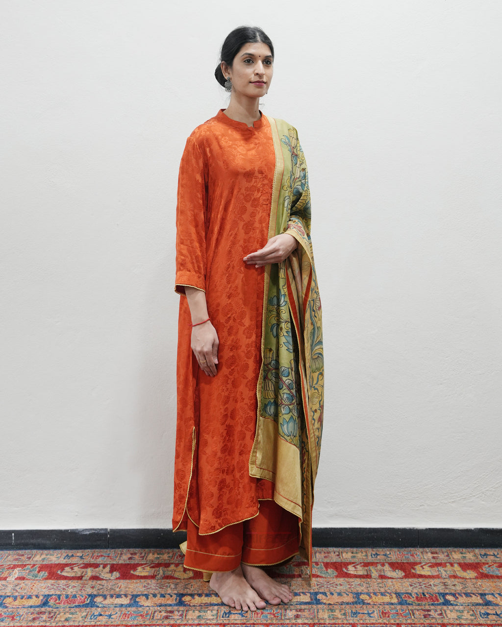Orange Handwoven Self Weave Silk Kurta Set