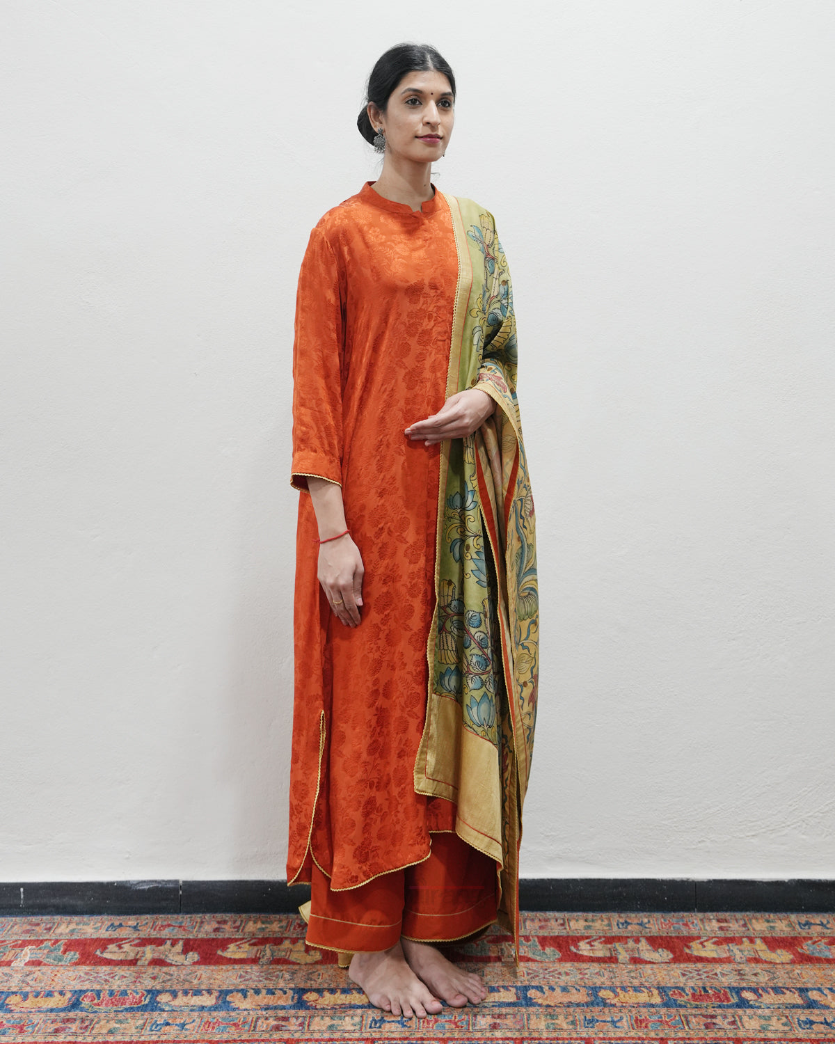 Orange Handwoven Self Weave Silk Kurta Set