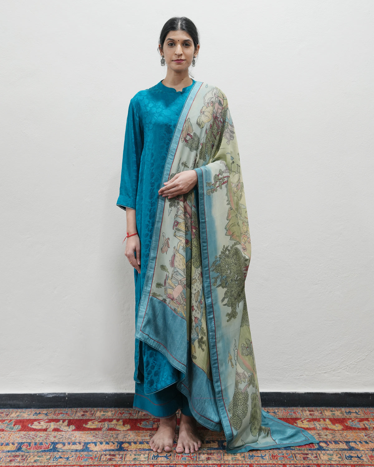 Blue Handwoven Self Weave Silk Kurta Set