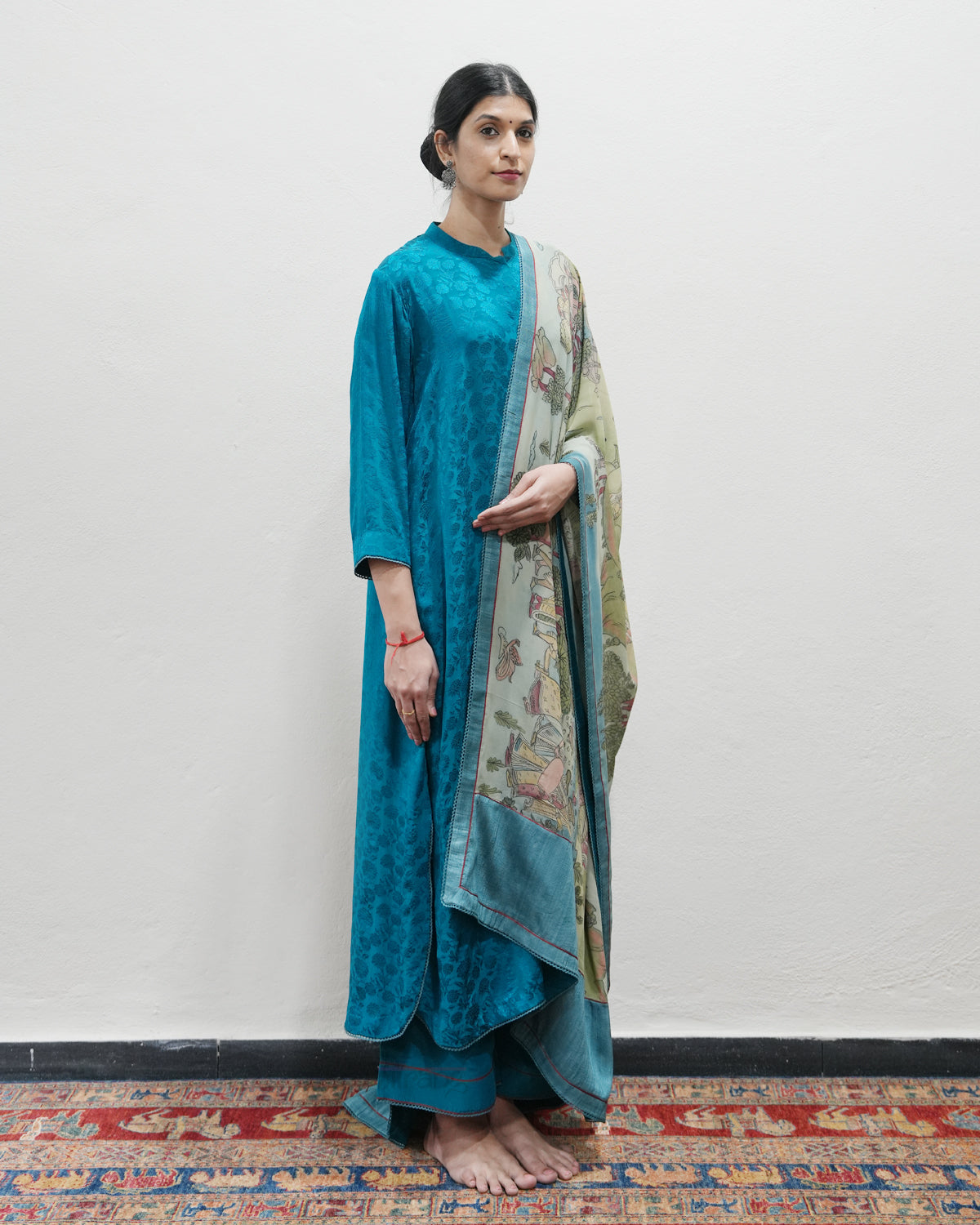 Blue Handwoven Self Weave Silk Kurta Set