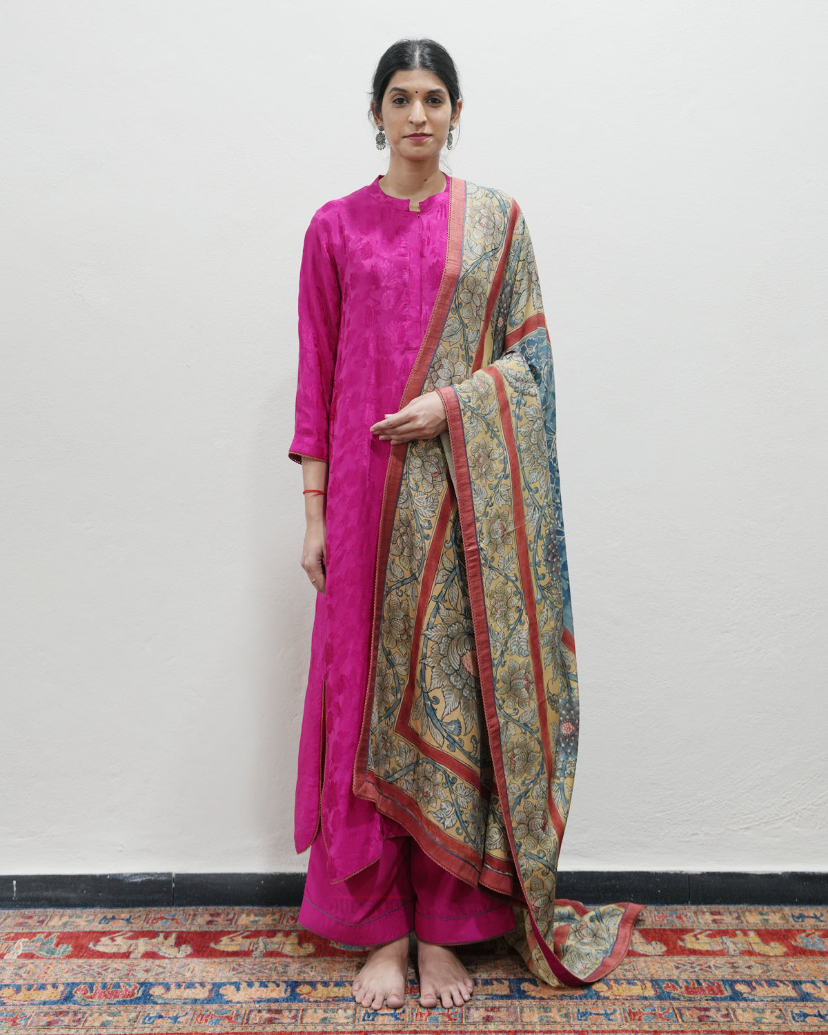 Pink Handwoven Self Weave Silk Kurta Set