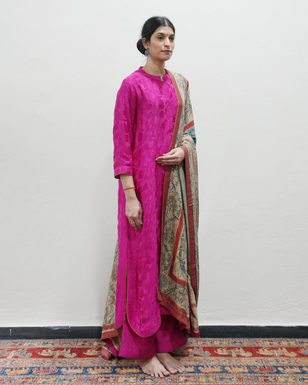 Pink Handwoven Self Weave Silk Kurta Set
