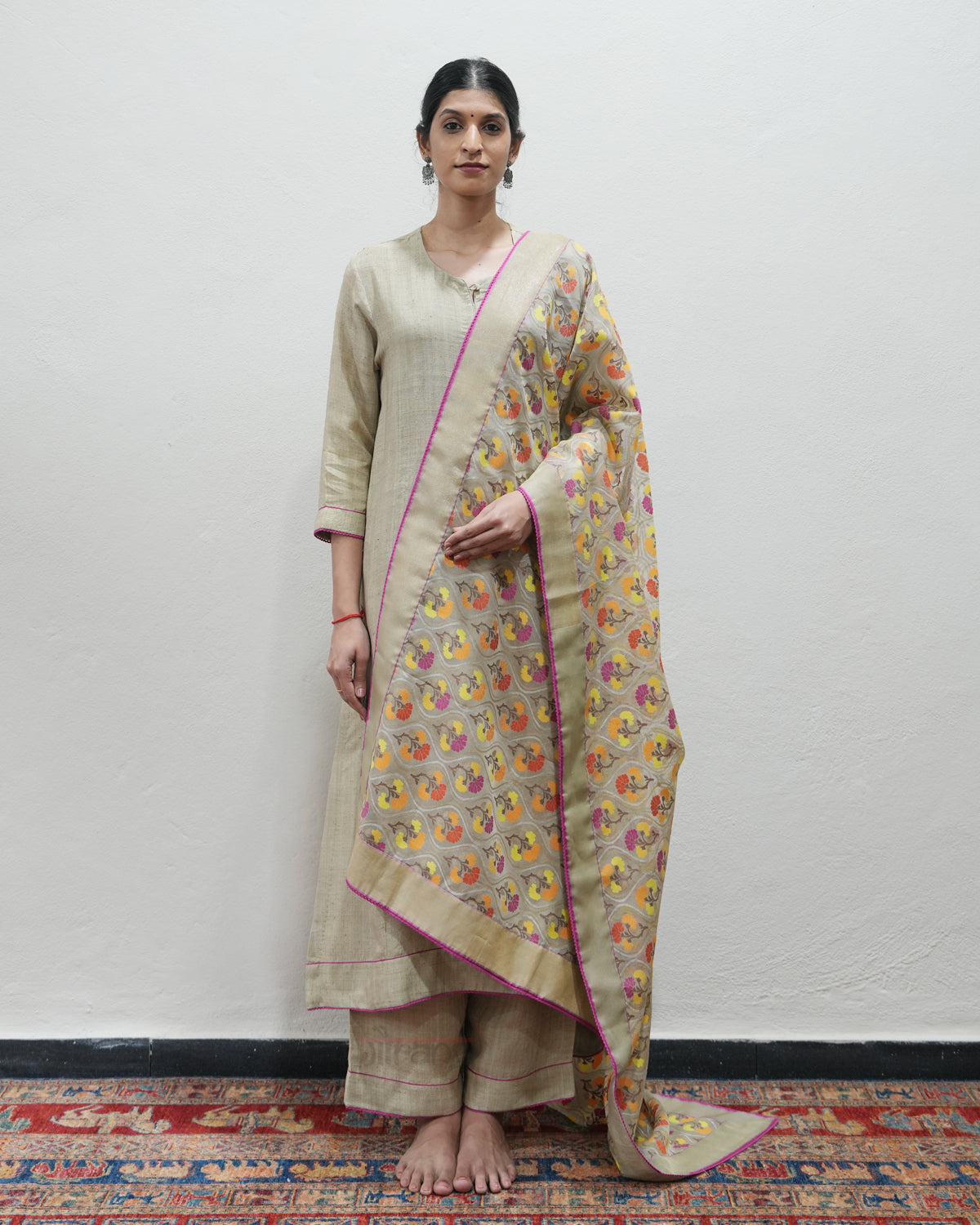 Beige Handwoven Matka Silk Kurta