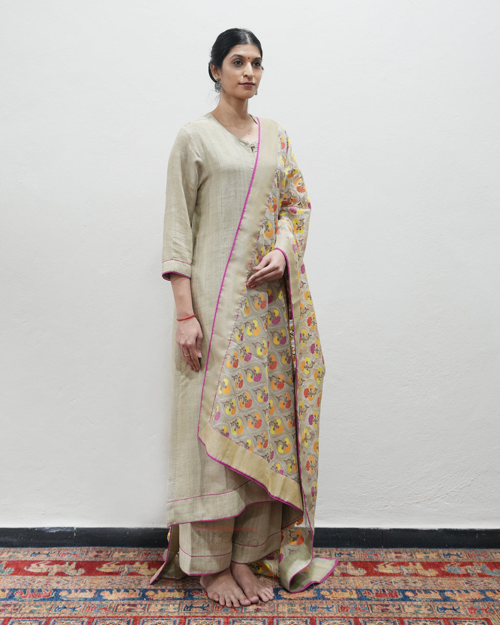 Beige Handwoven Matka Silk Kurta