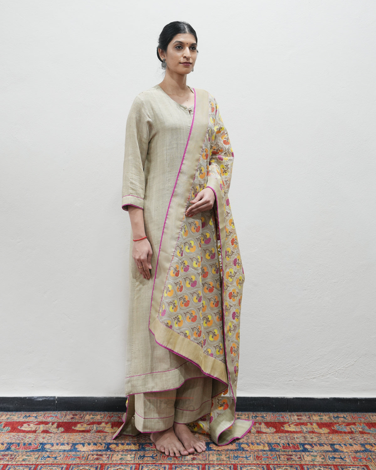 Beige Handwoven Matka Silk Kurta