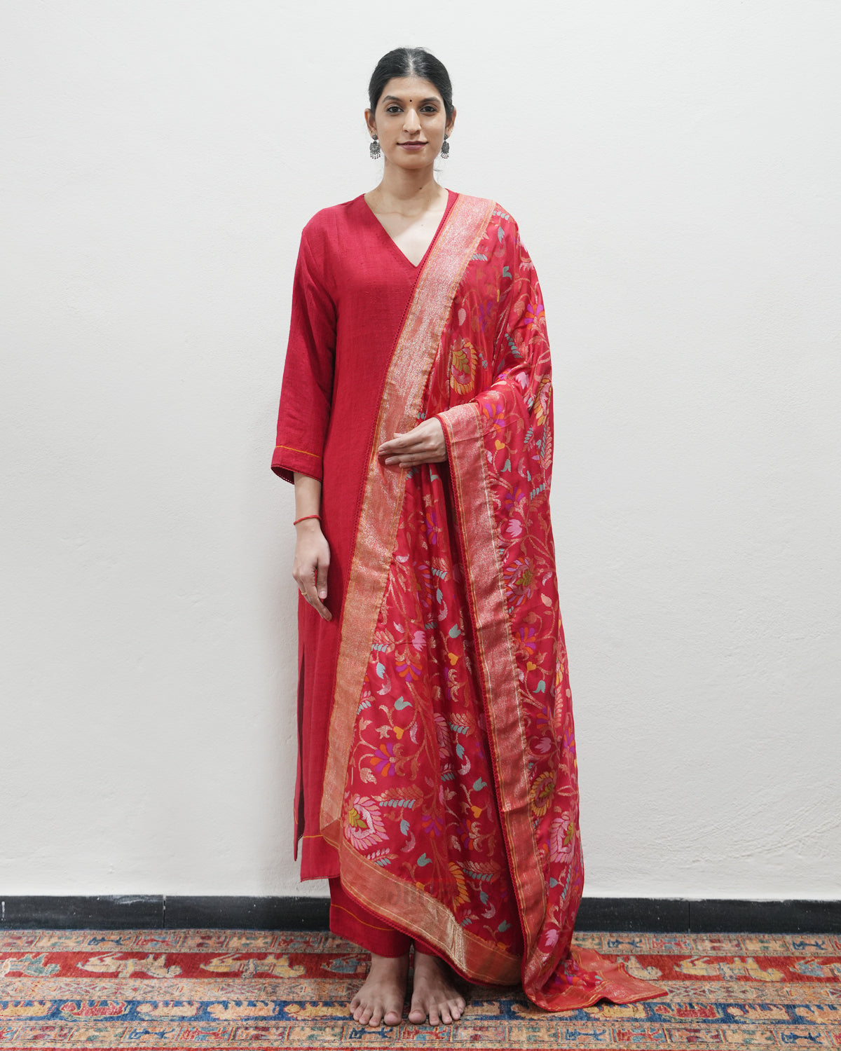 Red Handwoven Matka Silk Kurta