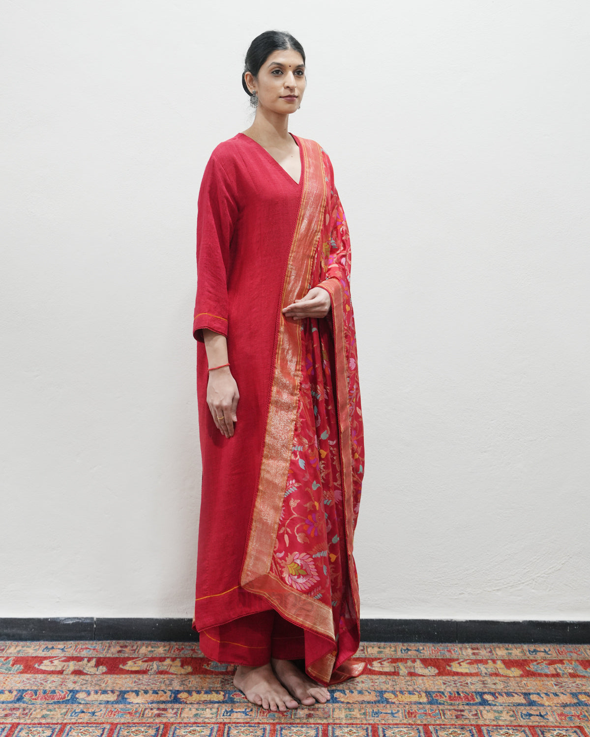 Red Handwoven Matka Silk Kurta