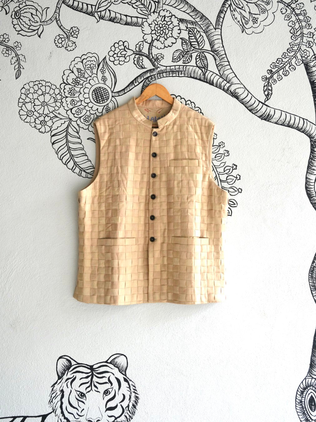 Beige Handwoven Silk Basket Weave Bandi