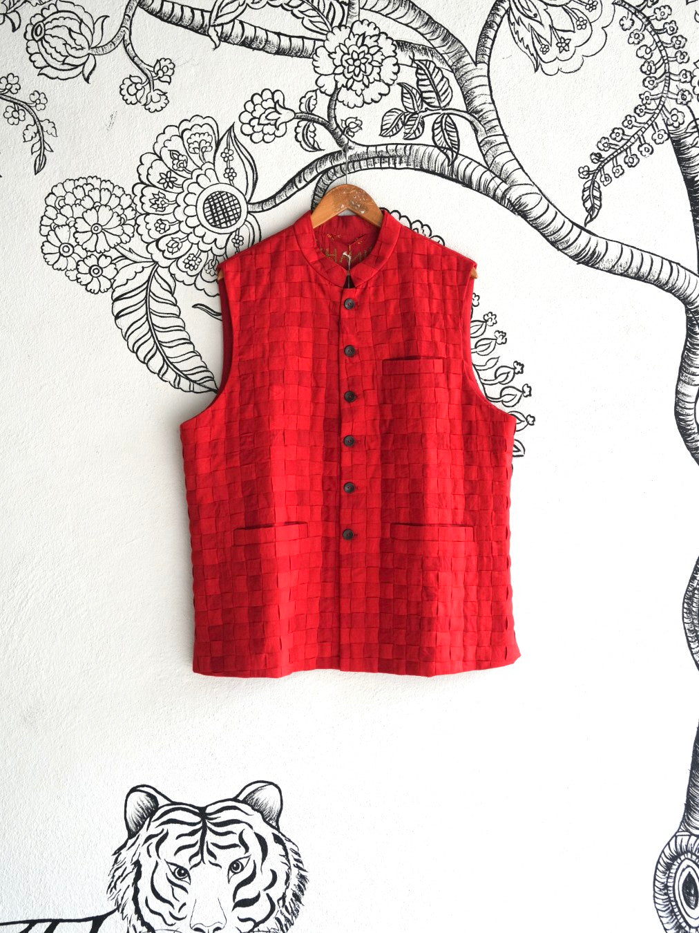 Red Handwoven Silk Basket Weave Bandi