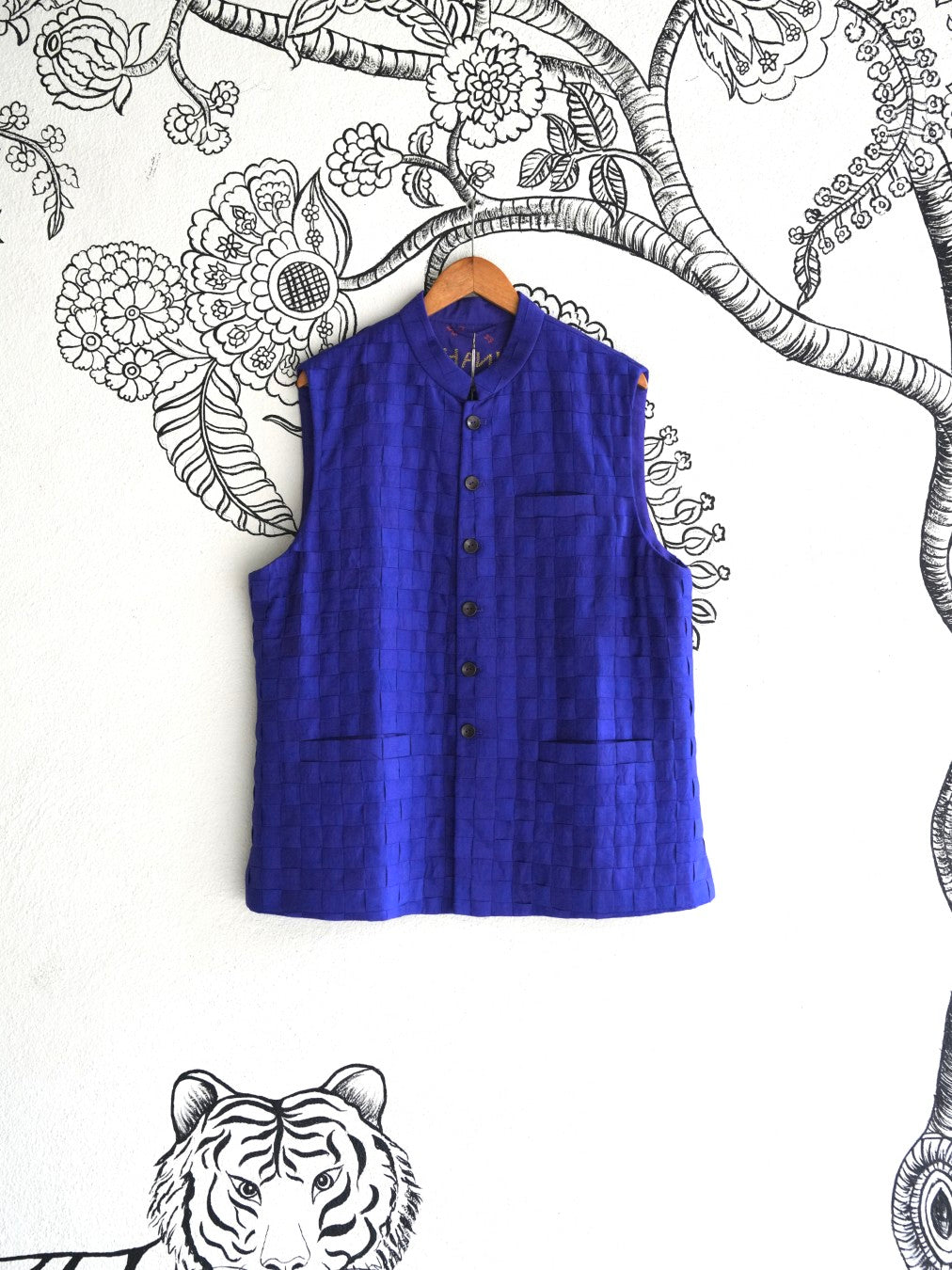 Blue Handwoven Silk Basket Weave Bandi