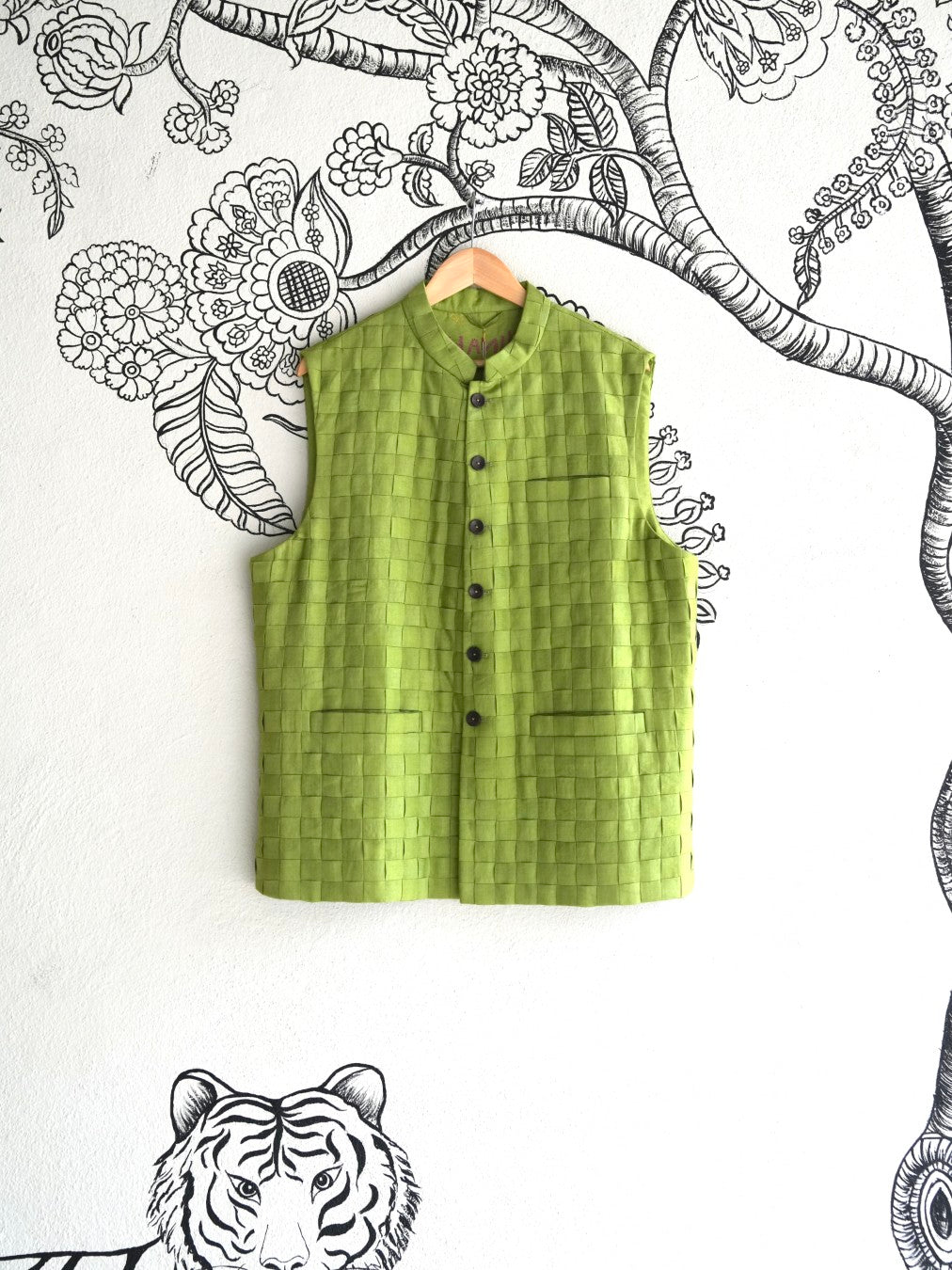 Green Handwoven Silk Basket Weave Bandi
