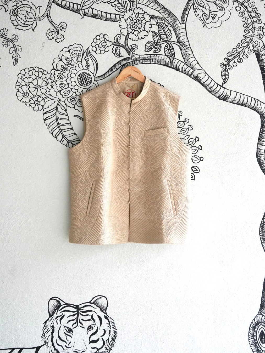 Beige Handwoven Silk Quilted Weave Bandi