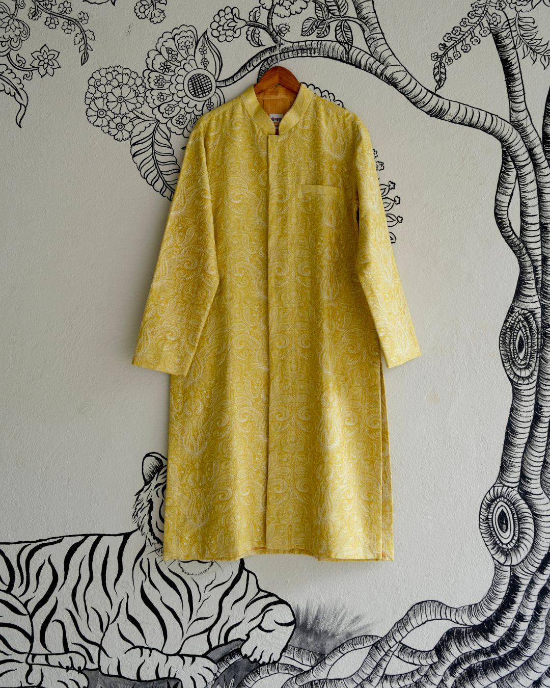 Yellow Handwoven Tussar Embroidered Sherwani
