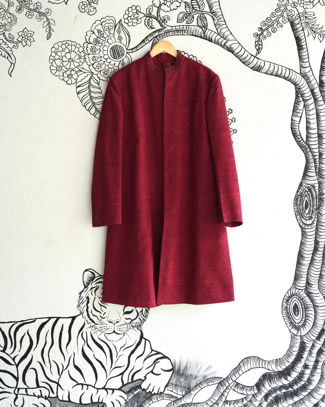 Red Handwoven Matka Quilted Sherwani