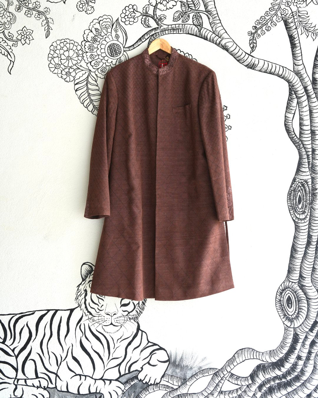 Brown Handwoven Matka Quilted Sherwani