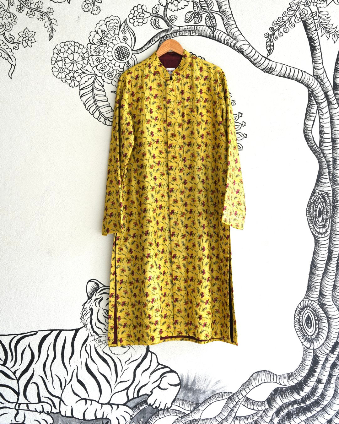 Yellow Handwoven Tussar Embroidered Sherwani