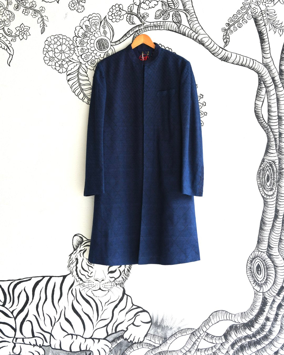 Blue Handwoven Matka Quilted Sherwani
