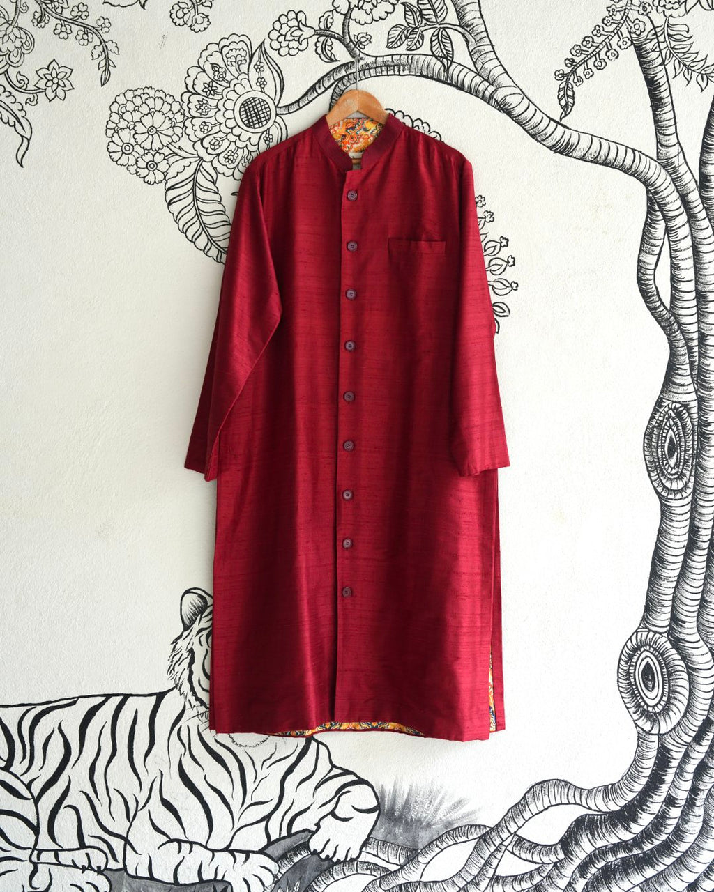 Red Handwoven Raw Silk Sherwani