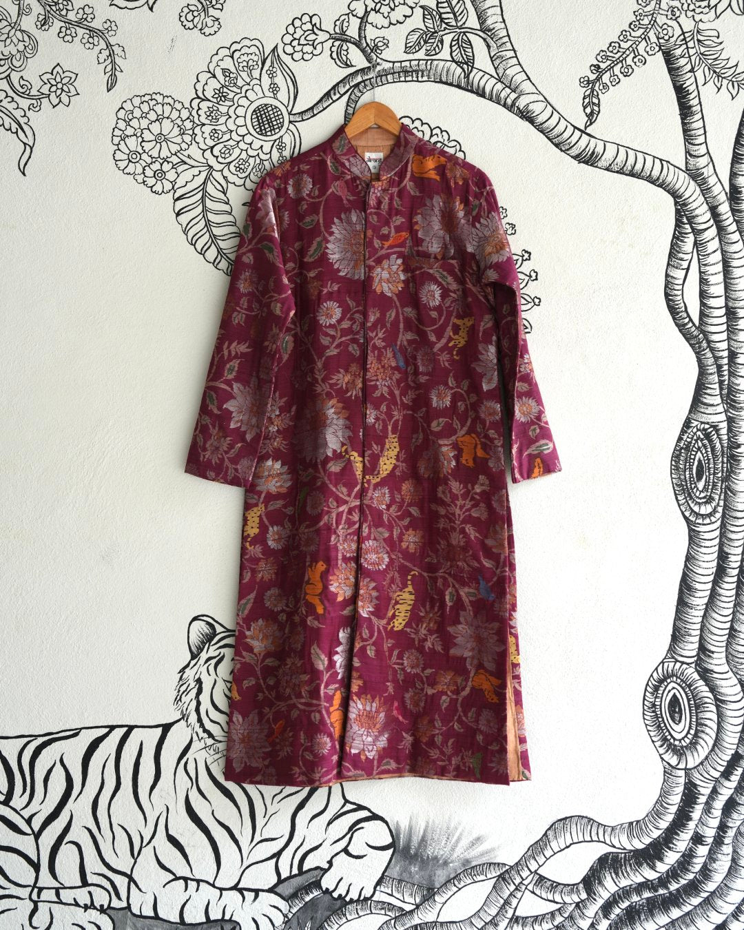 Maroon Handwoven Tussar Khadi Jamdani Sherwani