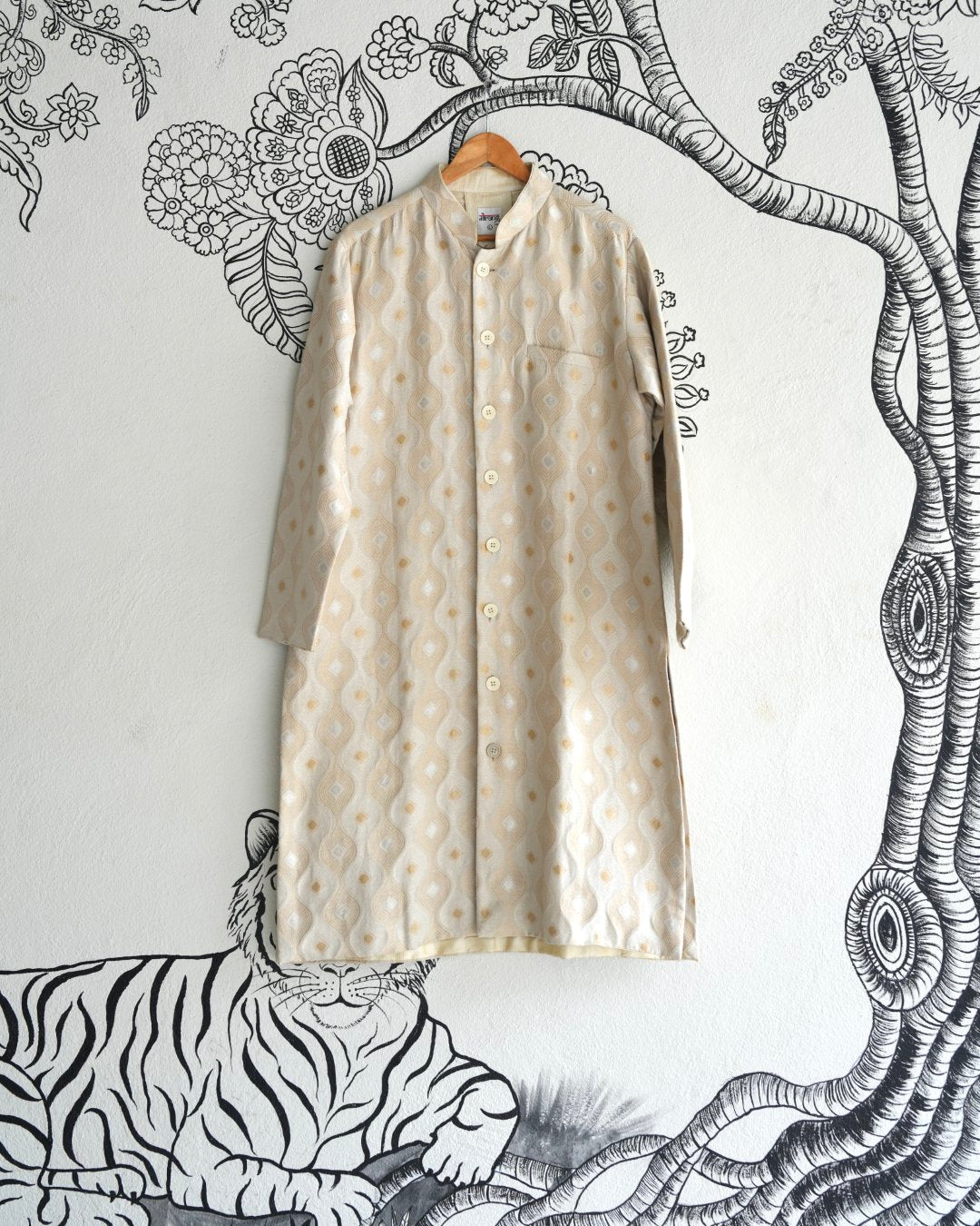 White Handwoven Tussar Jamdani Sherwani