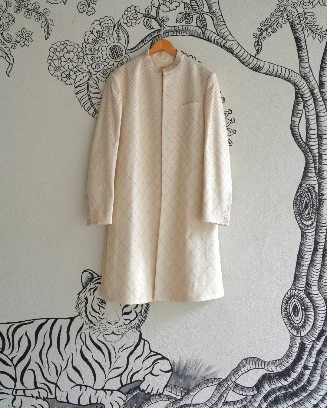 White Handwoven Matka Quilted Sherwani