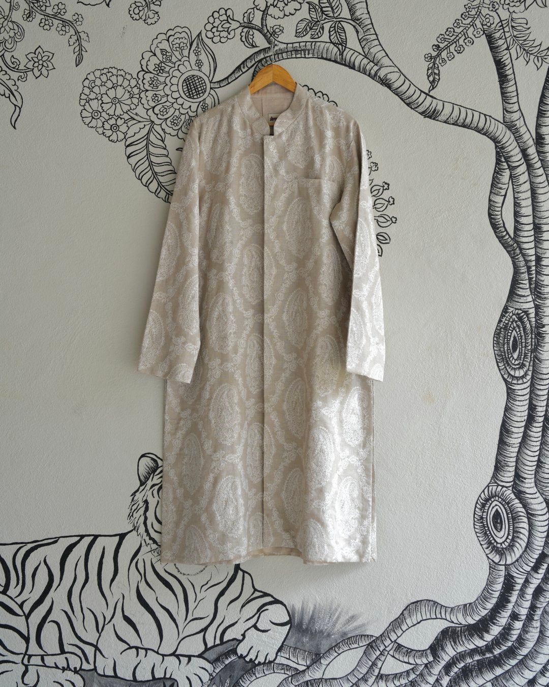 White  Handwoven Linen Embroidered Sherwani
