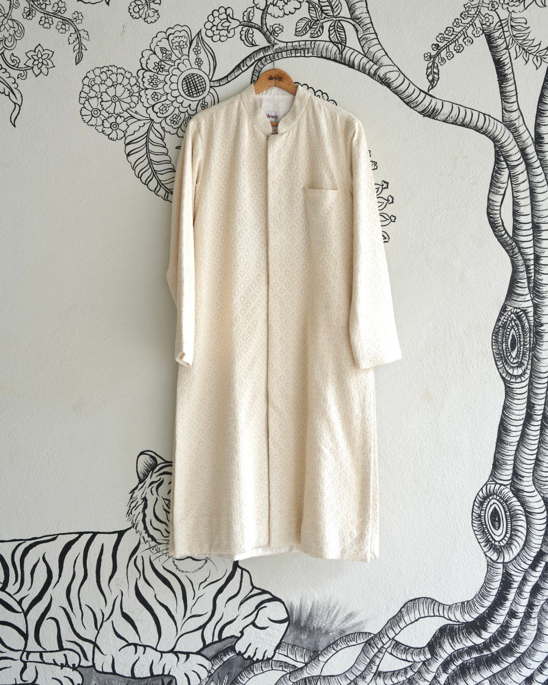 White  Handwoven Linen Embroidered Sherwani