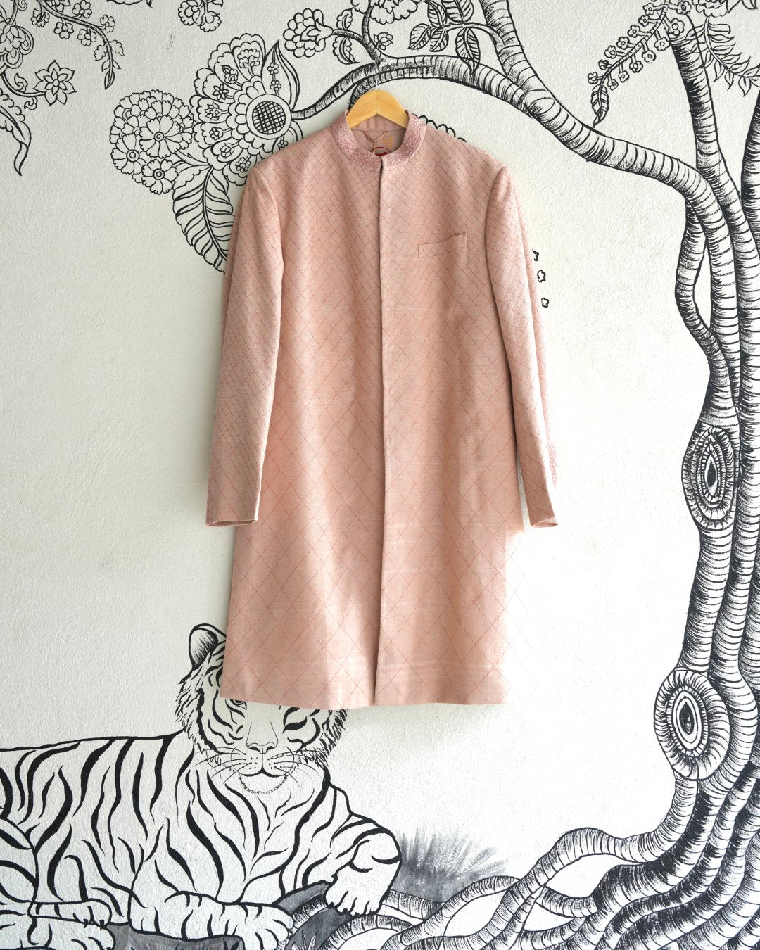Peach Handwoven Matka Quilted Sherwani