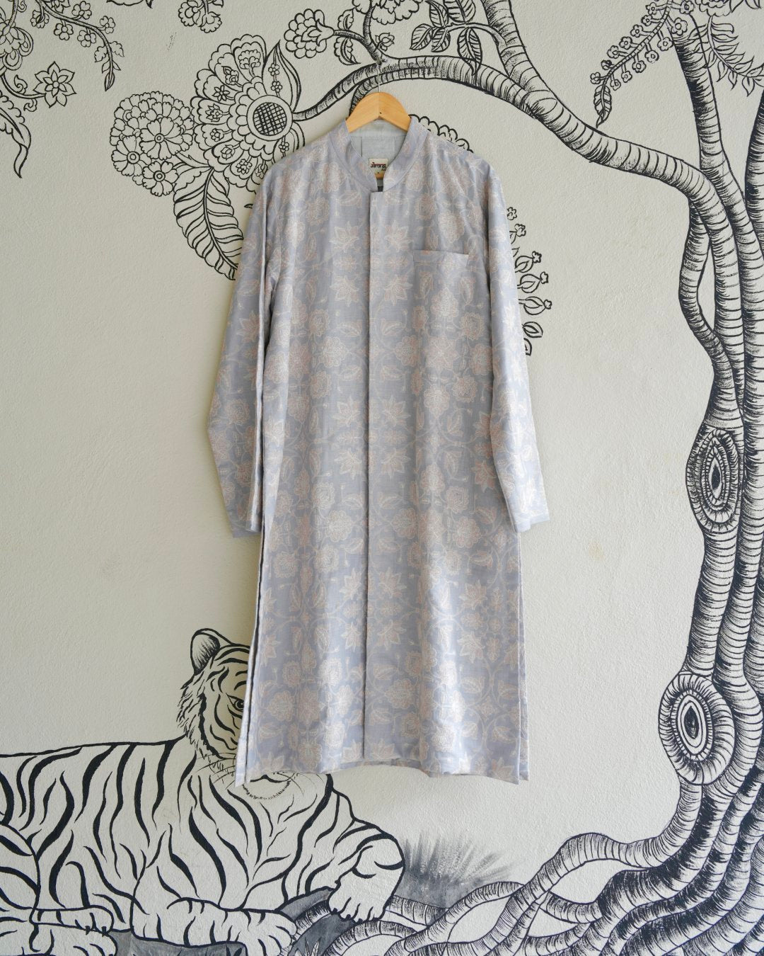 Blue Handwoven Linen Embroidered Sherwani